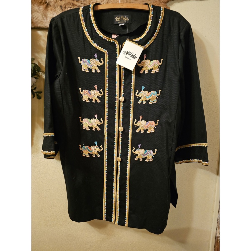 BOB MACKIE WEARABLE ART BLACK COTTON EMBROIDERY ELEPHANT BLAZER JACKET  1X